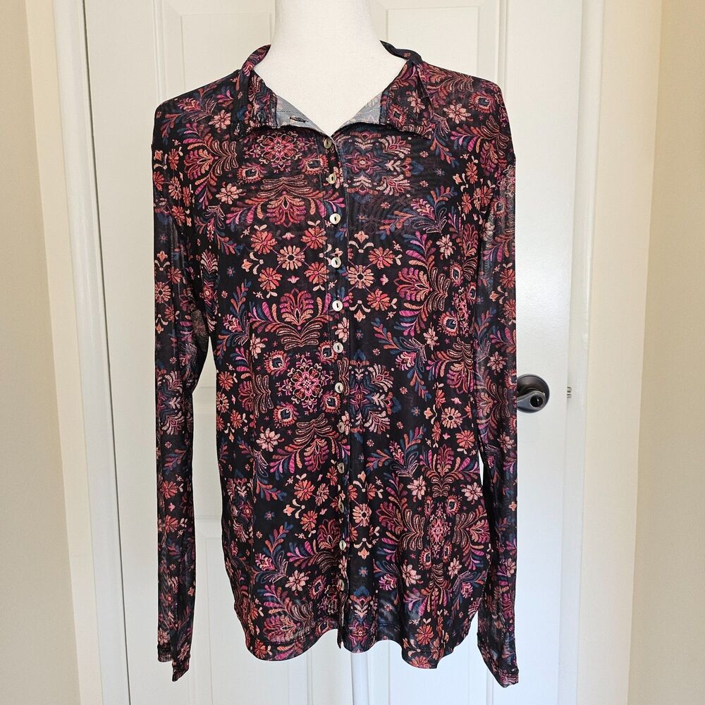 NWT Johnny Was Brandi Button Down Mesh Mock Neck Blouse Top Sz XL Boho Floral